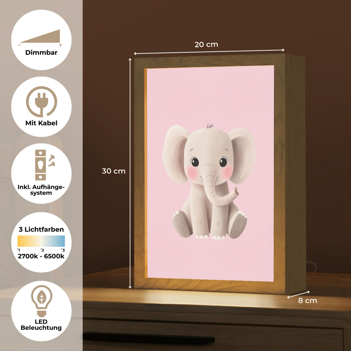 NACHTTISCHLAMPE Elefant - Baby - Rosa - Cartoon 20x30 cm - Rosa, Holzwerkstoff (8/20/30cm)