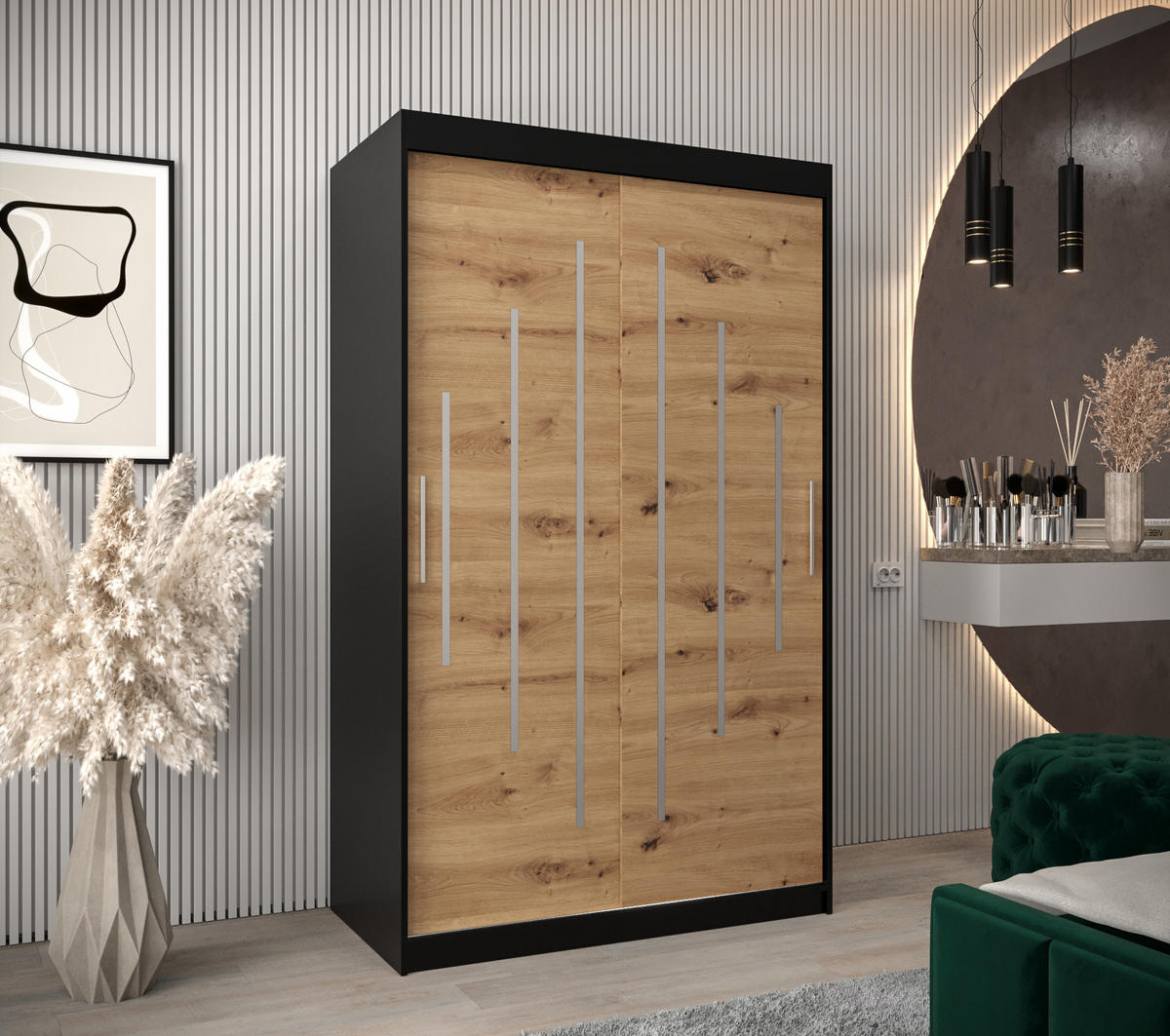 SCHWEBETÜRENSCHRANK 200/120/62 2-türig - Silberfarben/Schwarz, Holz/Kunststoff (120/200/62cm) - Abiks Möbel