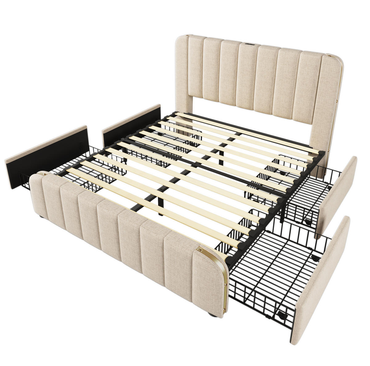 POLSTERBETT 160/200 cm Beige mit 4 Schubladen und USB-Typ-C-Anschluss mit Matratze - Beige, Textil (160/200cm) - OKWISH