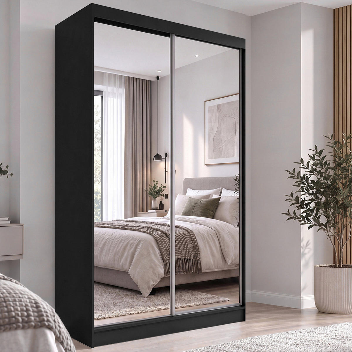 SCHWEBETÜRENSCHRANK Debra 120/216/61 schwarz mit Spiegel - Schwarz, Holzwerkstoff (120/216/61cm) - Beautysofa