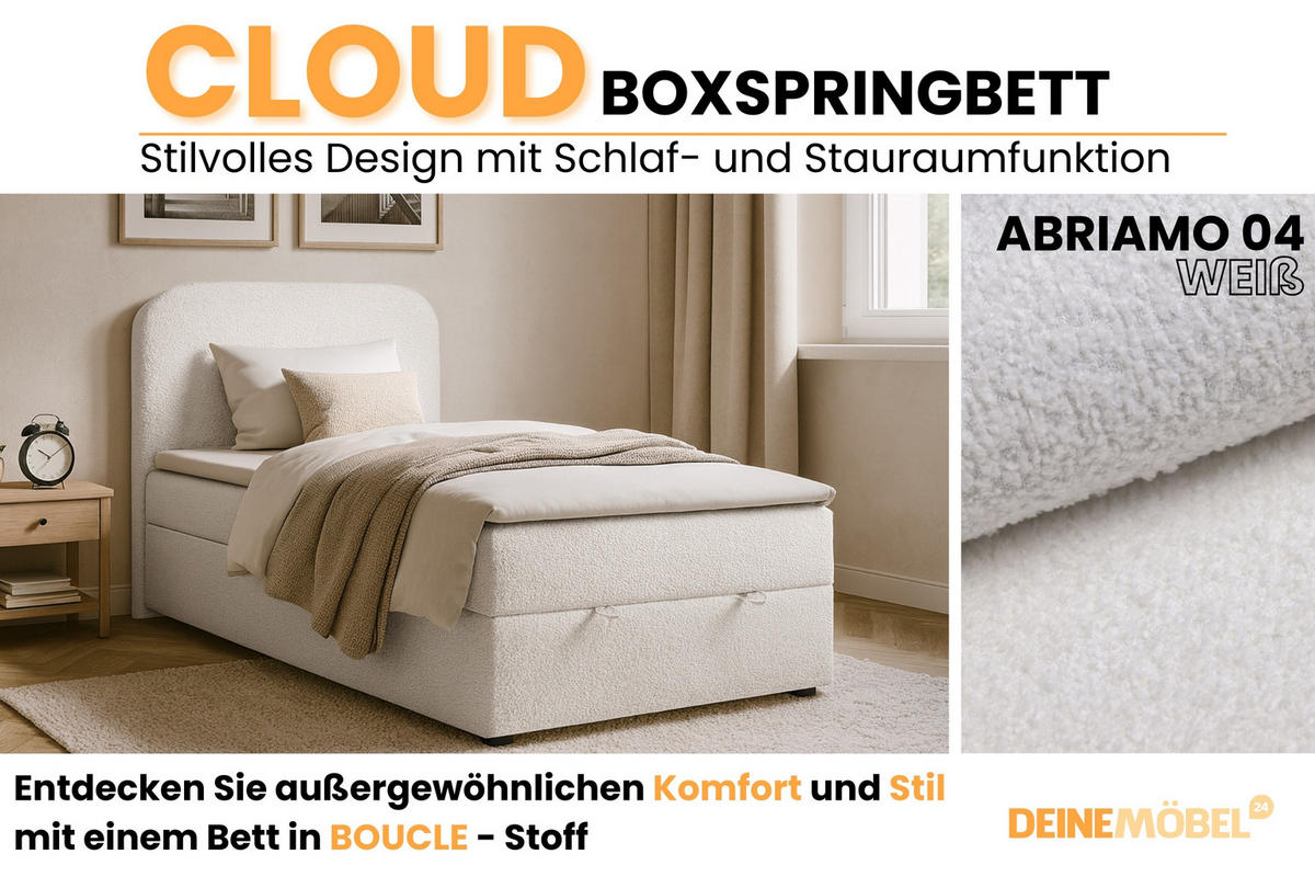 BOXBETT CLOUD 100/200 in Boucle Weiß H3 - Weiß, Holz/Holzwerkstoff (100/200cm) - Deine Möbel 24