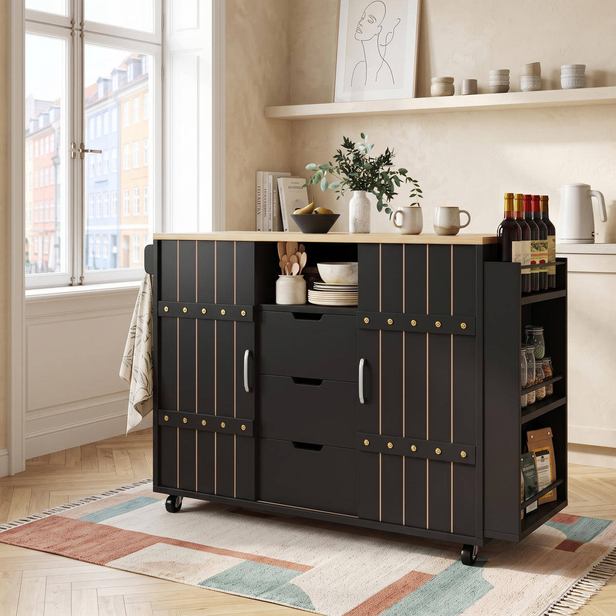 KÜCHENINSEL Schwarz auf Rollen mit Klappbarer Arbeitsplatte & Schiebetüren - Schwarz, Holzwerkstoff (110/90/42cm) - Urban Meuble