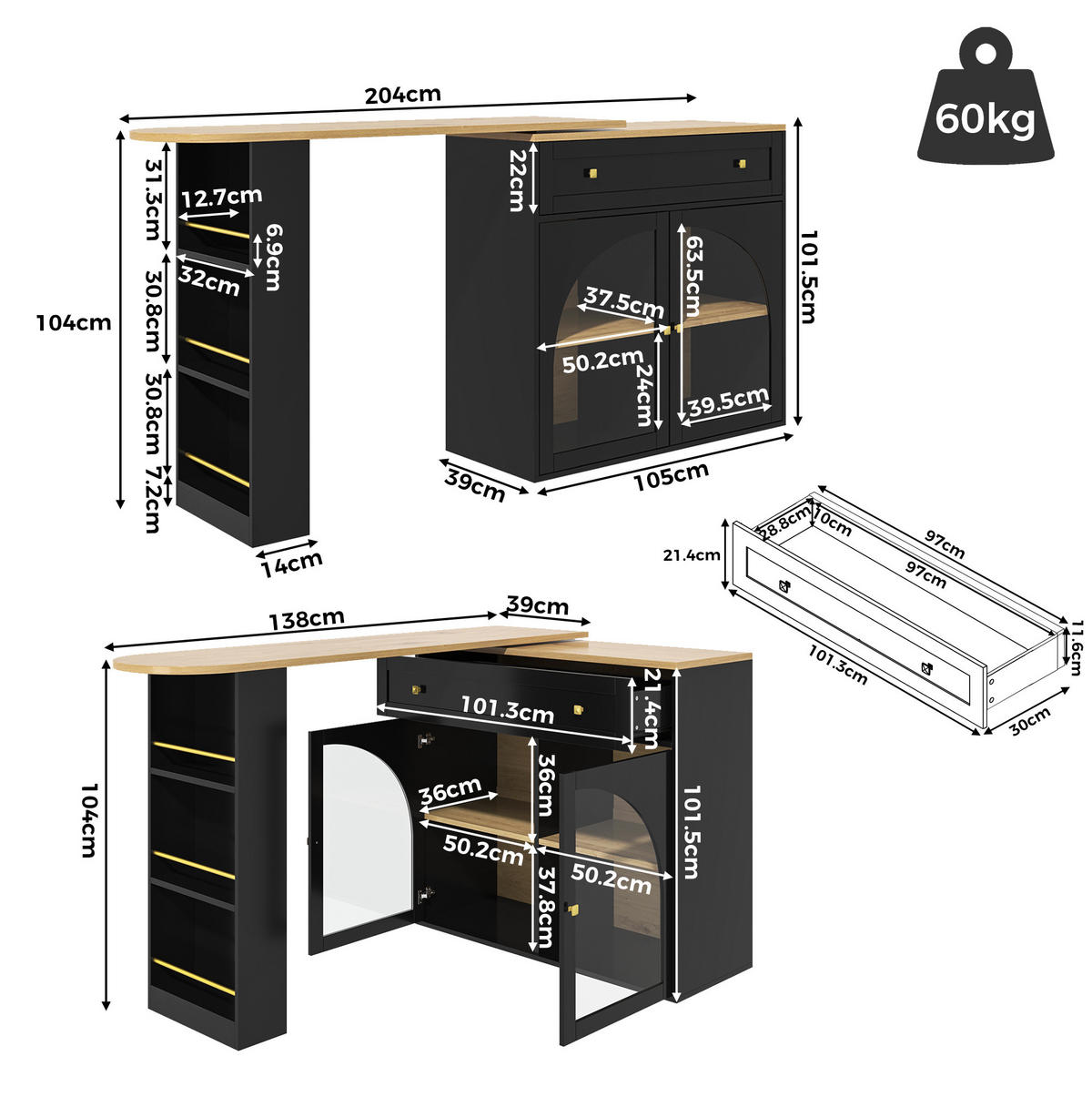 BARTISCH, MDF ausziehbar 138-204/39/104 cm mit Stauraum & 360° drehbar, Schwarz - Schwarz, Holzwerkstoff (39/104/138cm) - Redom