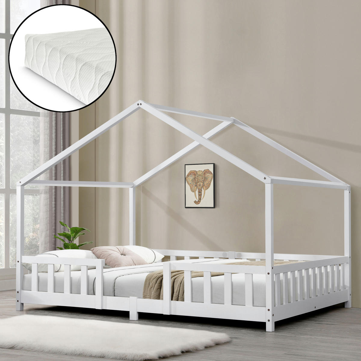 HAUSBETT Treviolo mit Matratze - Weiß, Holz/Textil (120/200cm) - [en.casa]