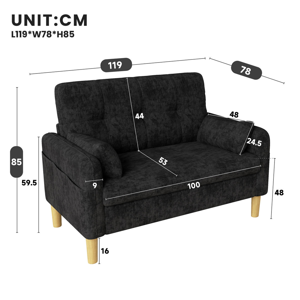 2-SITZER-SOFA Chenille mit Aufbewahrungstasche, DE-33242, Grau - Grau, Holzwerkstoff (119/85/78cm) - ComfortXL