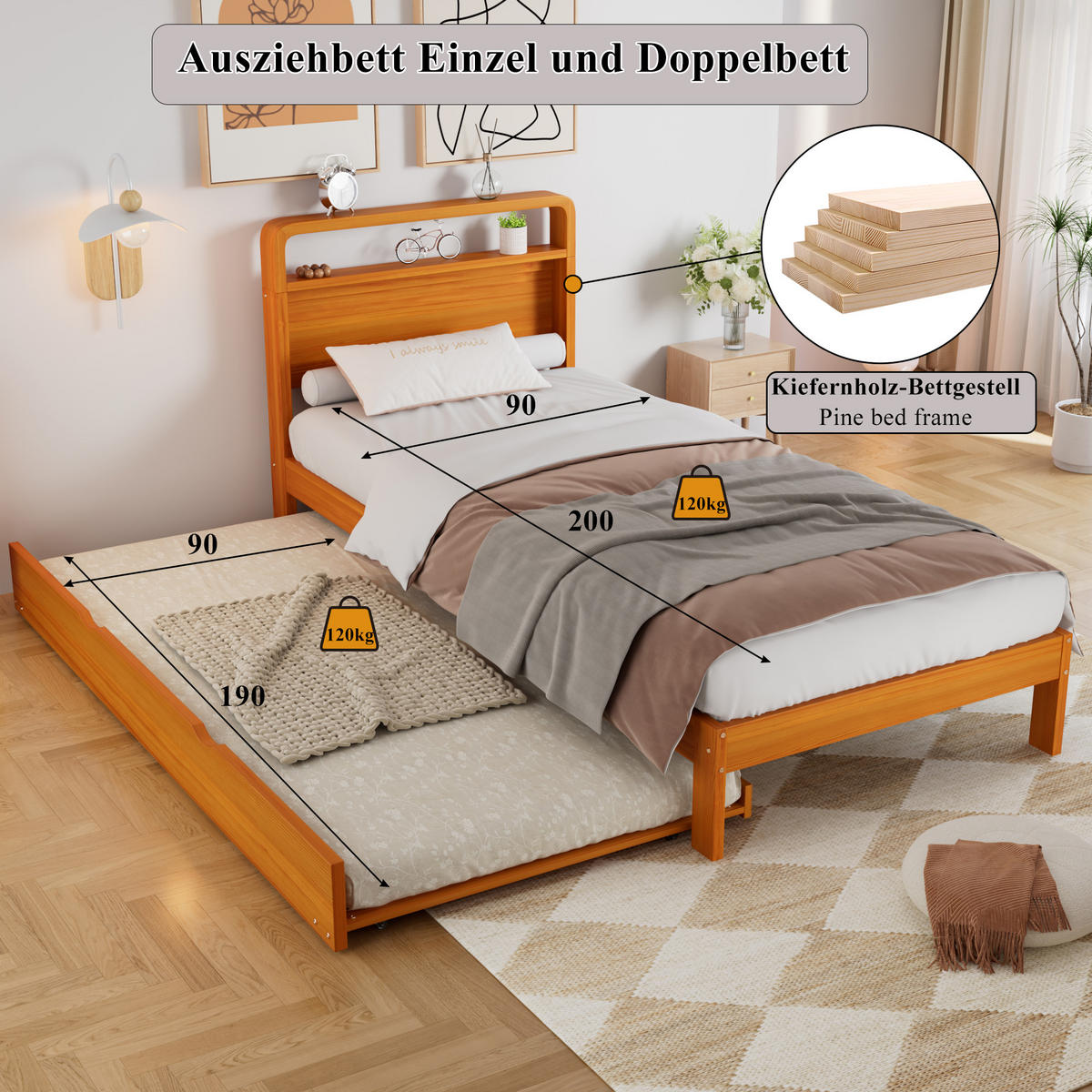 BETT 90/200 cm & 90/190 cm in Natur mit Ausziehbett und abgerundetem Kopfteil Holzdesign - Naturfarben, Holzwerkstoff (90/200cm) - STILVORA