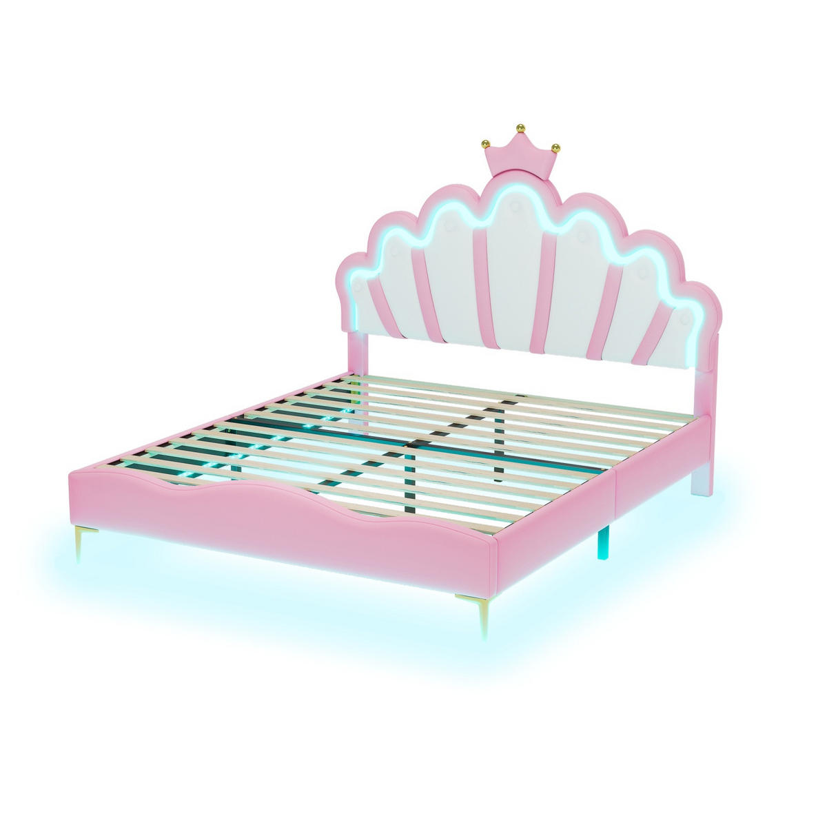 POLSTERBETT 140x200 cm Prinzessin Traum mit Kronen-Kopfteil und intelligenter LED-Beleuchtung, Kunstleder Pink & Weiß - Pink, Textil (140/200cm) - DELFA