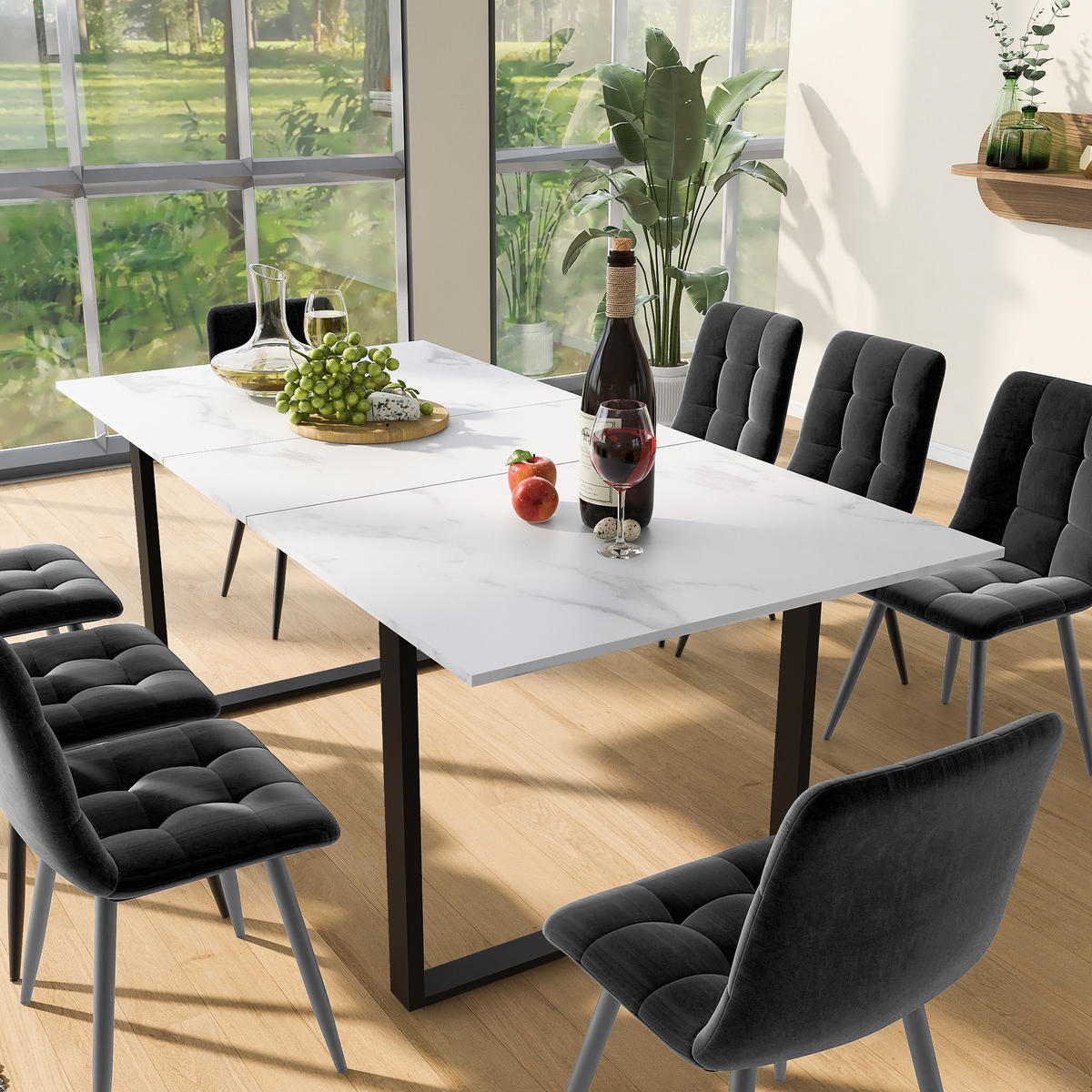 ESSGRUPPE Esstisch 8 Stühle Weiß Grau Schwarz 140-180cm - Grau, Holzwerkstoff (80/75/180cm) - FLIEKS