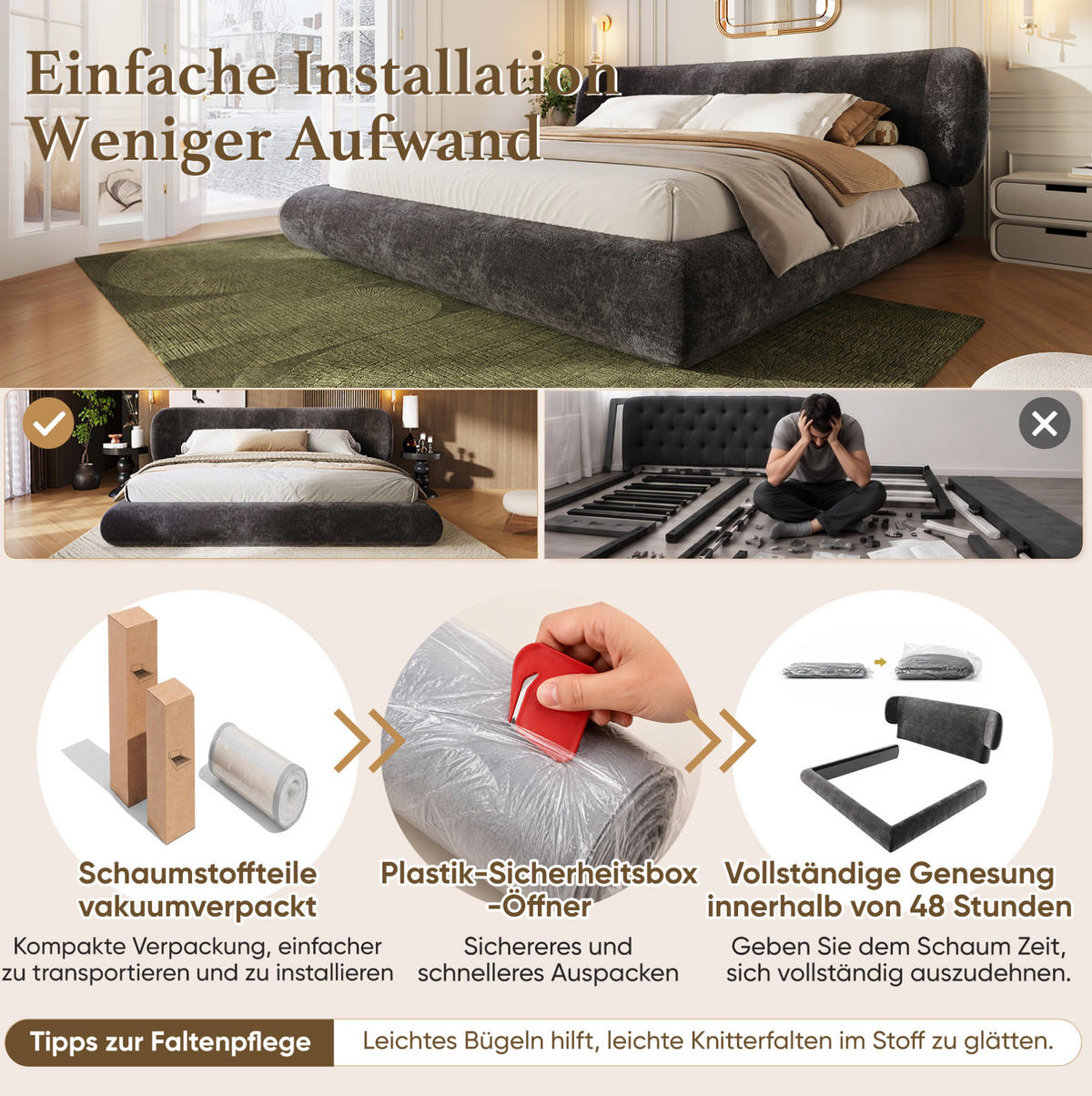 POLSTERBETT aus Chenille 140x190 cm Grau mit Lattenrost und gepolstertem Kopfteil - Grau, Textil (140/190cm) - Modfu