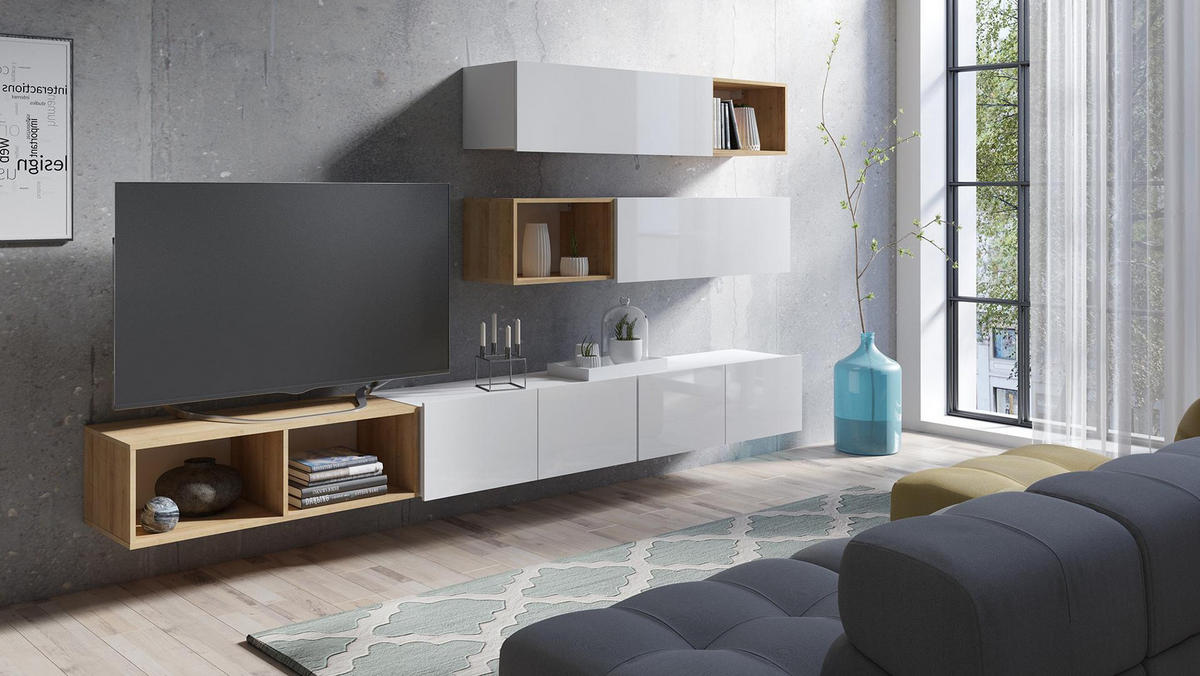 WOHNWAND Kossana 25 Modern Weiß/Goldene Eiche 300/104/43 cm Designmöbel - Weiß, Holzwerkstoff/Kunststoff (300/105/43cm) - AX Living