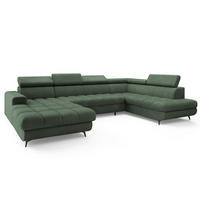 WOHNLANDSCHAFT CORENO Grün Boucle-Stoff mit Schlaffunktion - Grün, Holz (345/88/190cm) - MASSENO