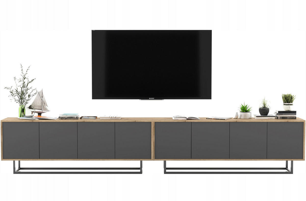 TV-SCHRANK 2-er Set Apollo2 Eiche wotan Graphit Matt 150 cm - Graphitfarben/Schwarz, Holzwerkstoff/Metall (300/53/35cm) - Meble Lindner