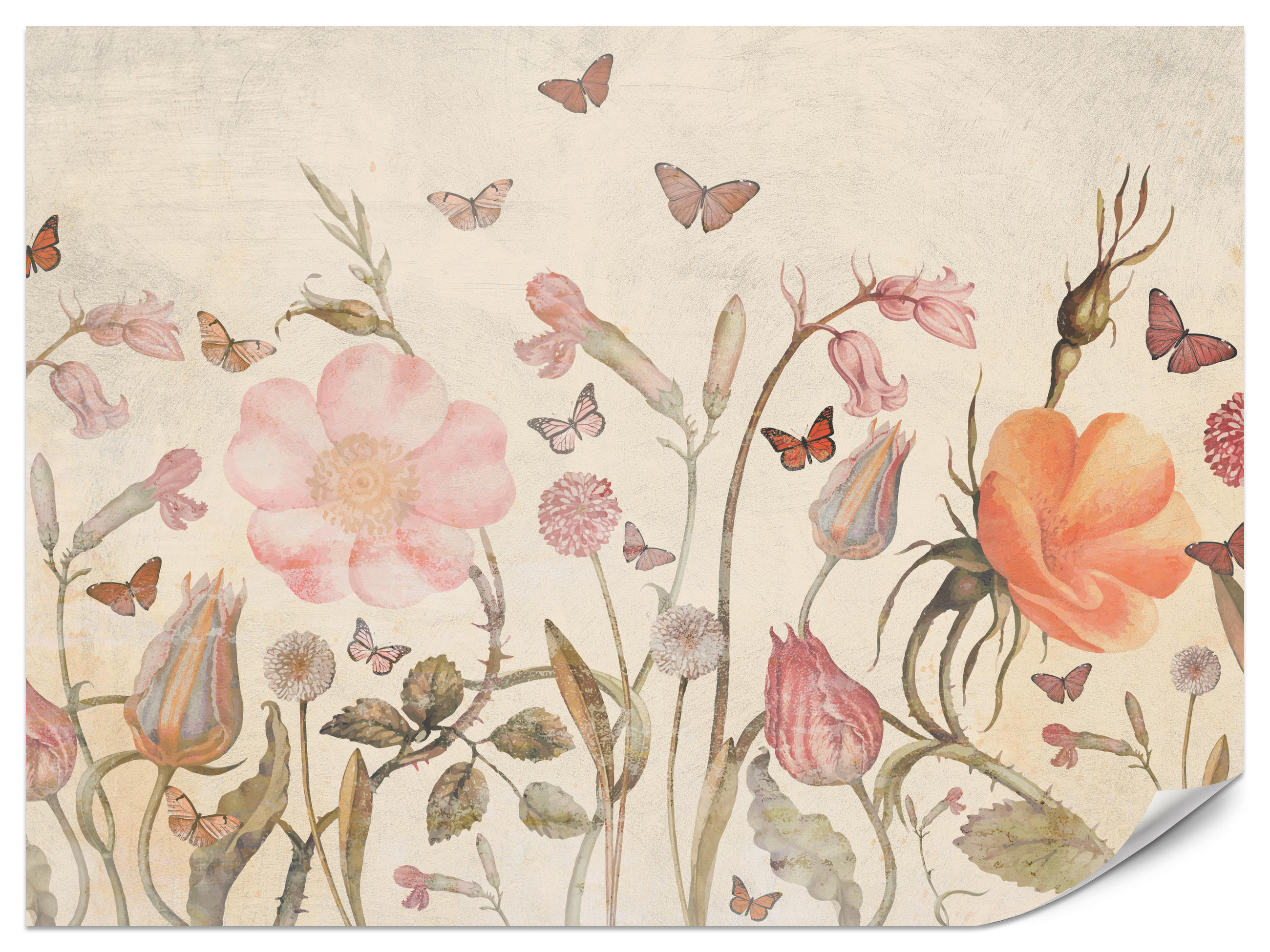 FOTOTAPETE für Kinderzimmer Wiesenblumen Aquarell Schmetterlinge Boho 500x350 - Beige/Rot, Papier (500/350cm) - Muralo