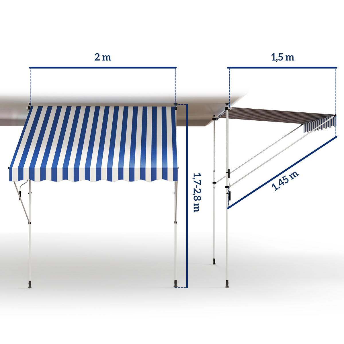 KLEMMMARKISE 200x150 cm höhenverstellbar blau weiß - Blau, Metall (200/280/150cm) - LEBENLANG