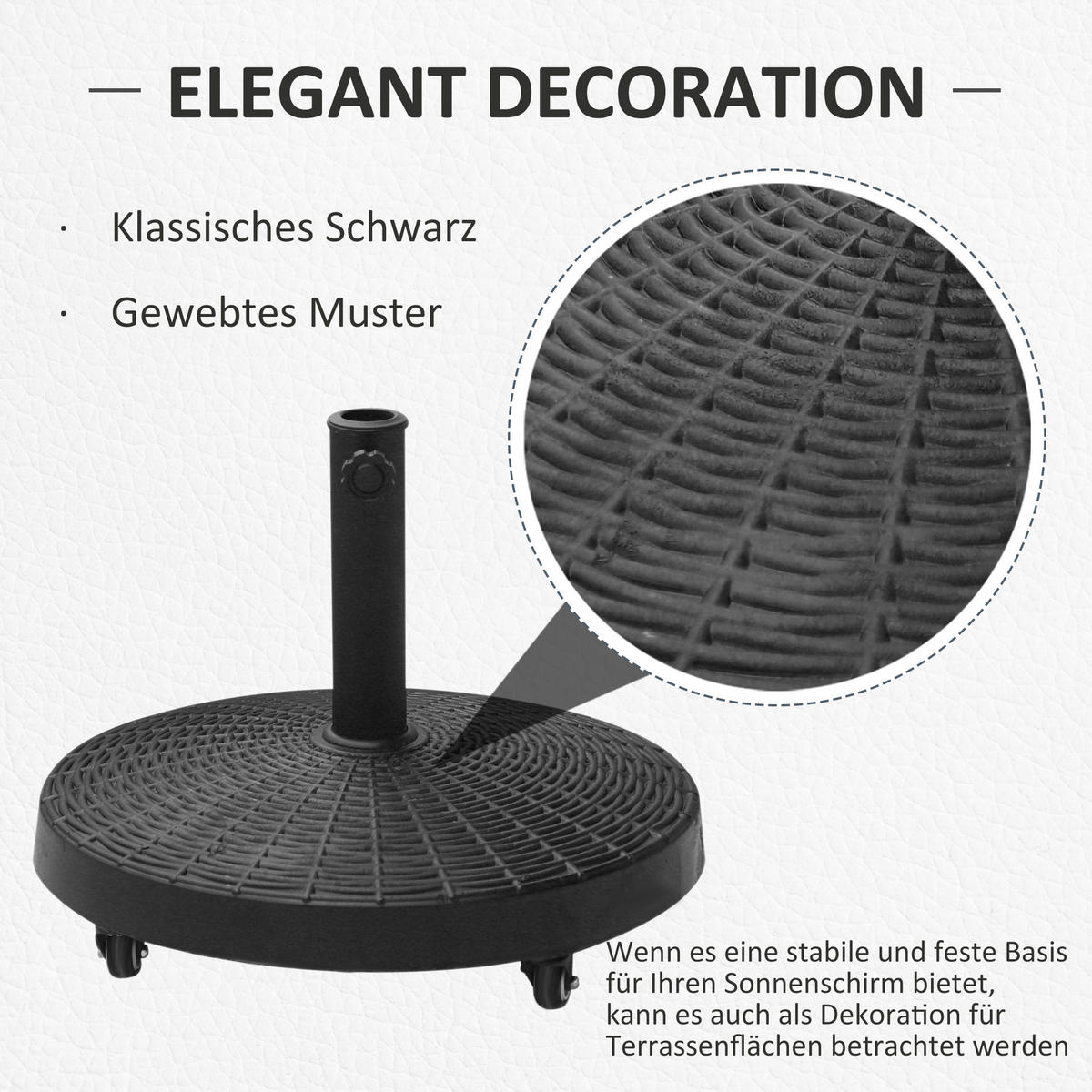 SONNENSCHIRMSTÄNDER 25 kg Rattanoptik Ständer Schirm Ø38/48 mm mit Rollen Kunstharz + Metall Schwarz Ø52 x 41 cm - Schwarz, Kunststoff (52/52cm) - Outsunny