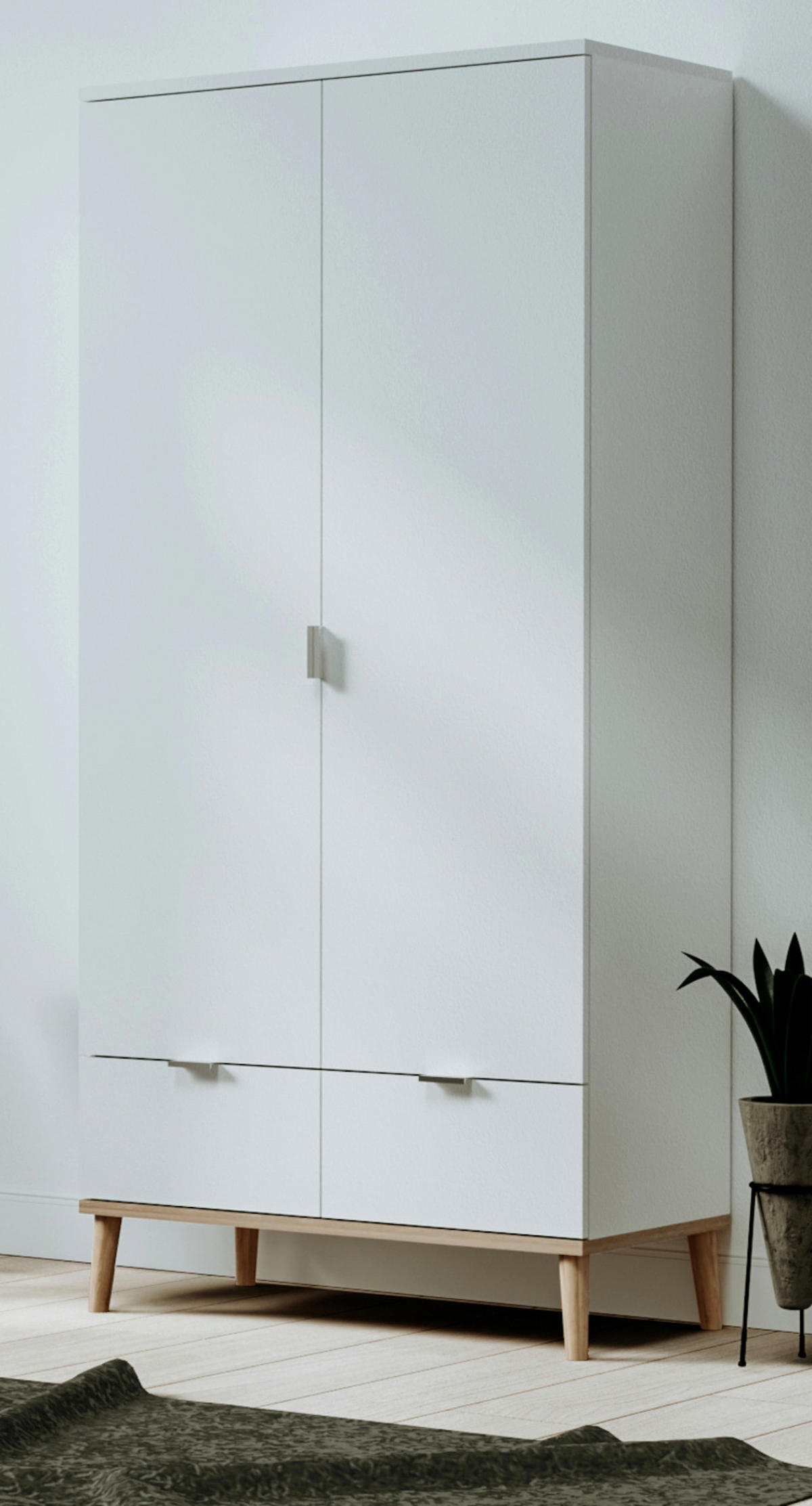 KLEIDERSCHRANK weiß matt, Eiche Sonoma massiv 90 x 180 cm, Drehtürenschrank skandinavisch - Chromfarben/Eichefarben, Holz/Holzwerkstoff (90/180/55cm) - Furn.Design