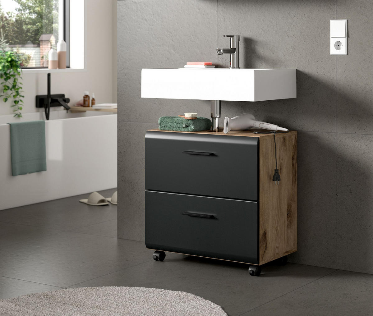 WASCHBECKENUNTERSCHRANK AUF ROLLEN Ice schwarz matt 60/30/58 cm - Braun, Holzwerkstoff (60/58/30cm) - Xonox