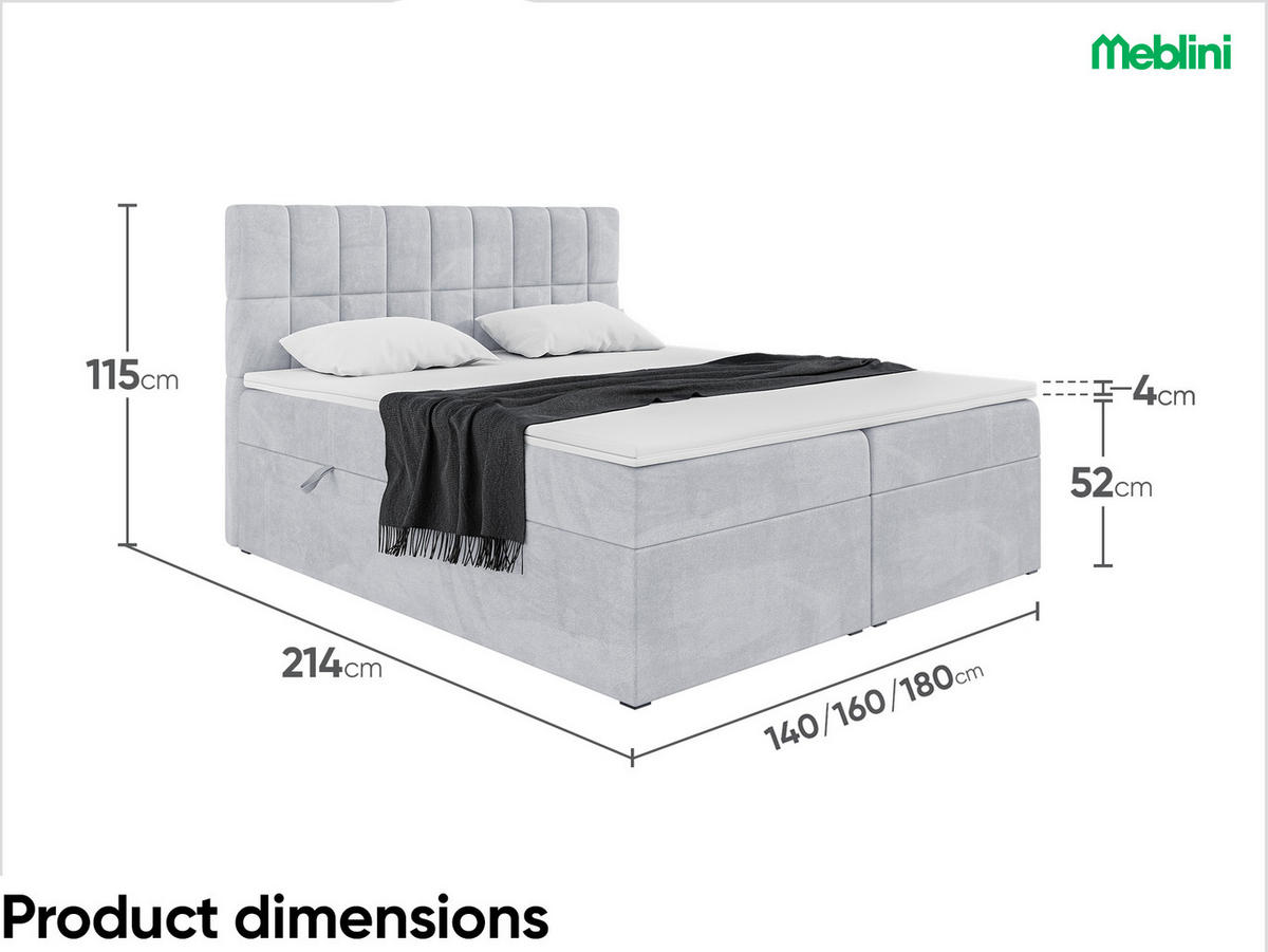 BOXBETT LUKAS 180x200 cm in Hellgrau Samt - Hellgrau/Schwarz, Holz/Holzwerkstoff (180/200cm) - Meblini