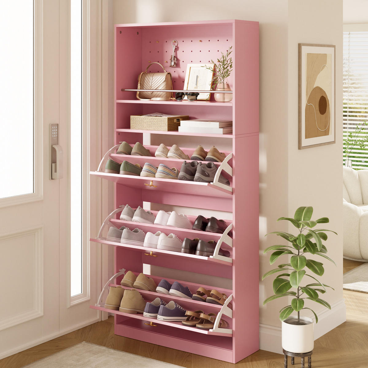 SCHUHSCHRANK 80x24x178.5cm Rosa mit 3 Klappen - Pink, Holzwerkstoff (80/178.5/24cm) - FLIEKS