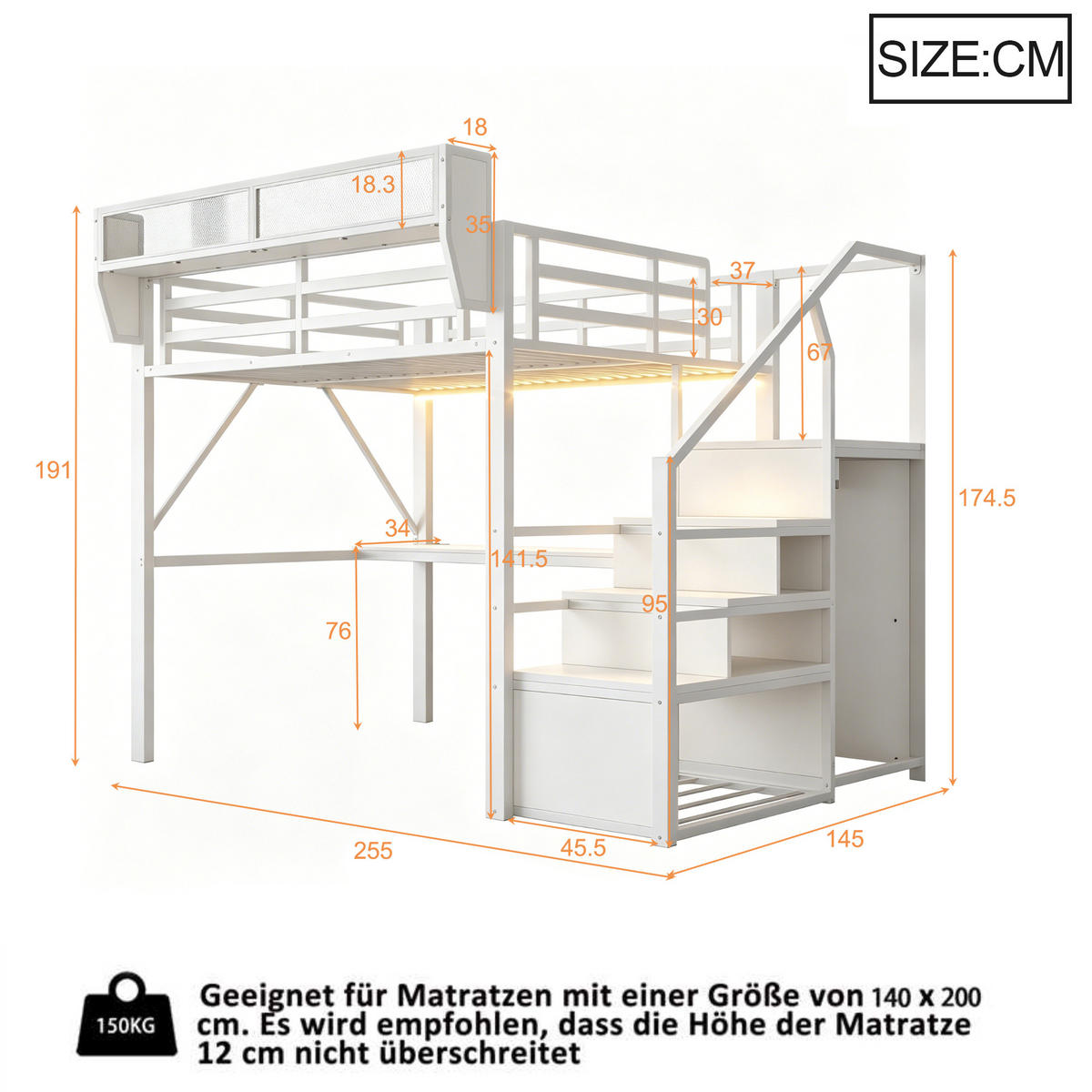 HOCHBETT 140/200 cm DE-32583 mit Schreibtisch, LED und Stauraum Weiß - Weiß, Metall (140/200cm) - ComfortXL
