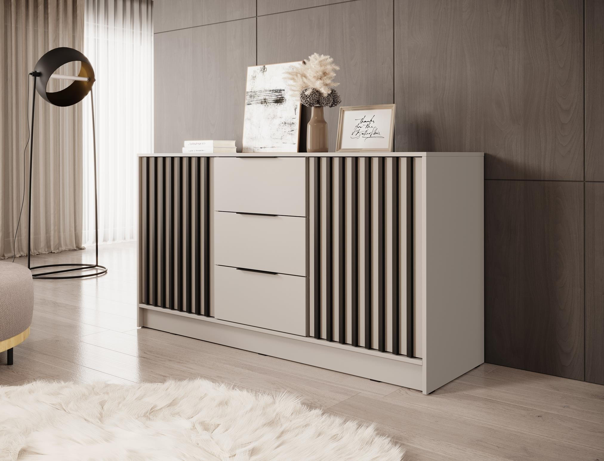 KOMMODE Nelly 3D Kaschmir, Kombikommode mit Schwarz Lamellen - Kaschmir/Schwarz, Holzwerkstoff (155/86/45cm) - Bettso