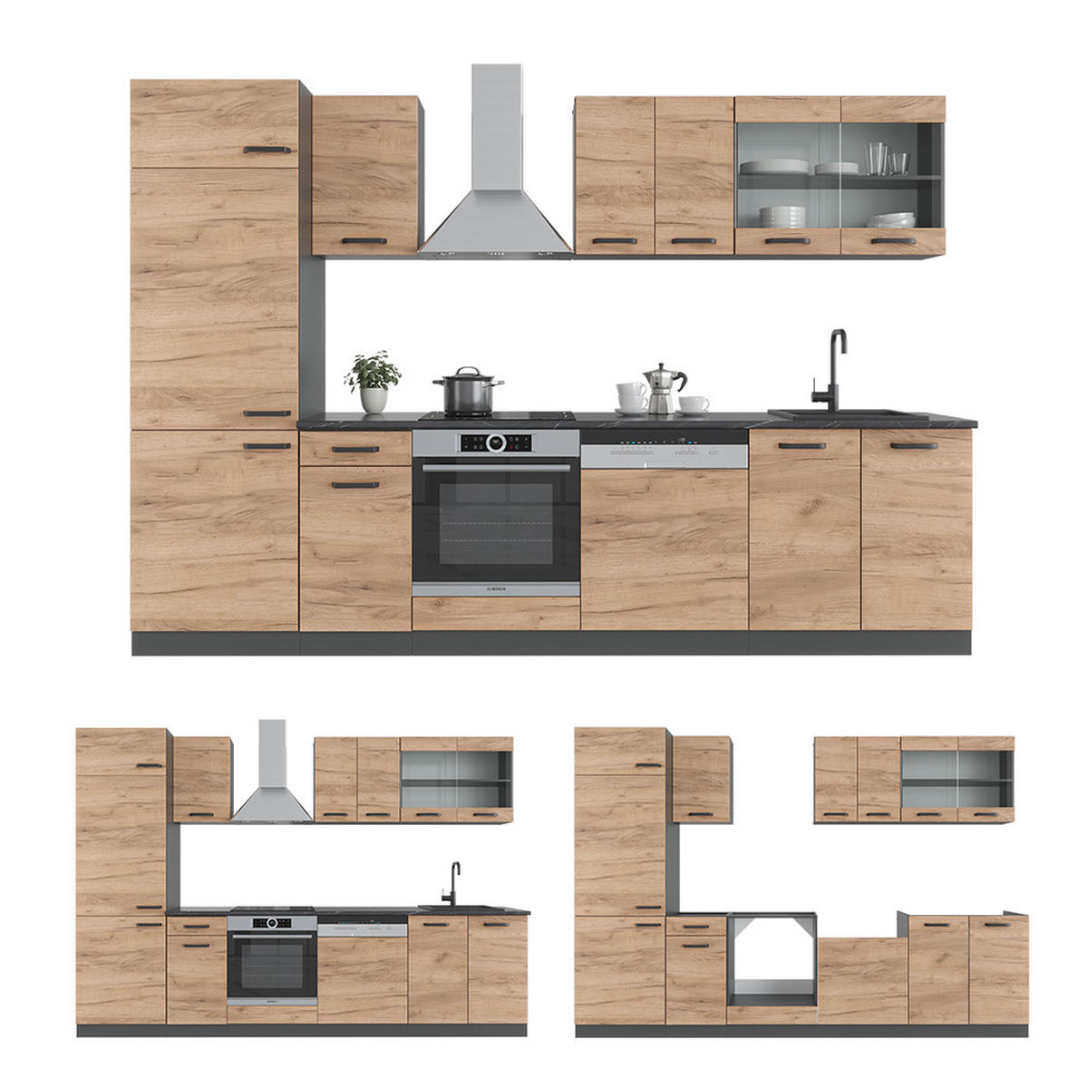 KÜCHENZEILE R-Line Goldkraft Eiche/Anthrazit 300 cm, AP Anthrazit - Anthrazit/Eiche Wotan, Holzwerkstoff (300/81.6/60cm) - Vicco