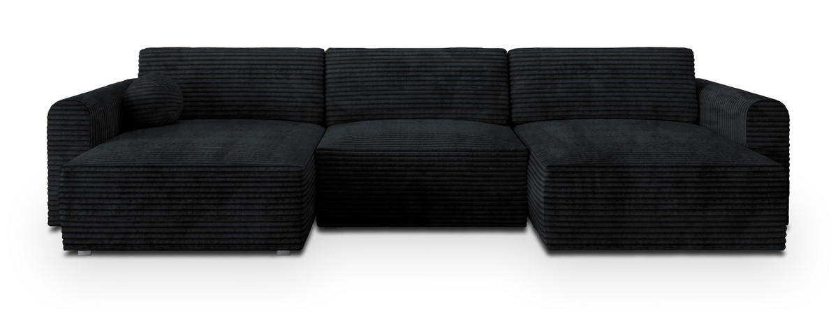 WOHNLANDSCHAFT FENTO Schwarz Kordstoff mit Schlaffunktion - Schwarz, Holz (347/90/148cm) - MASSENO