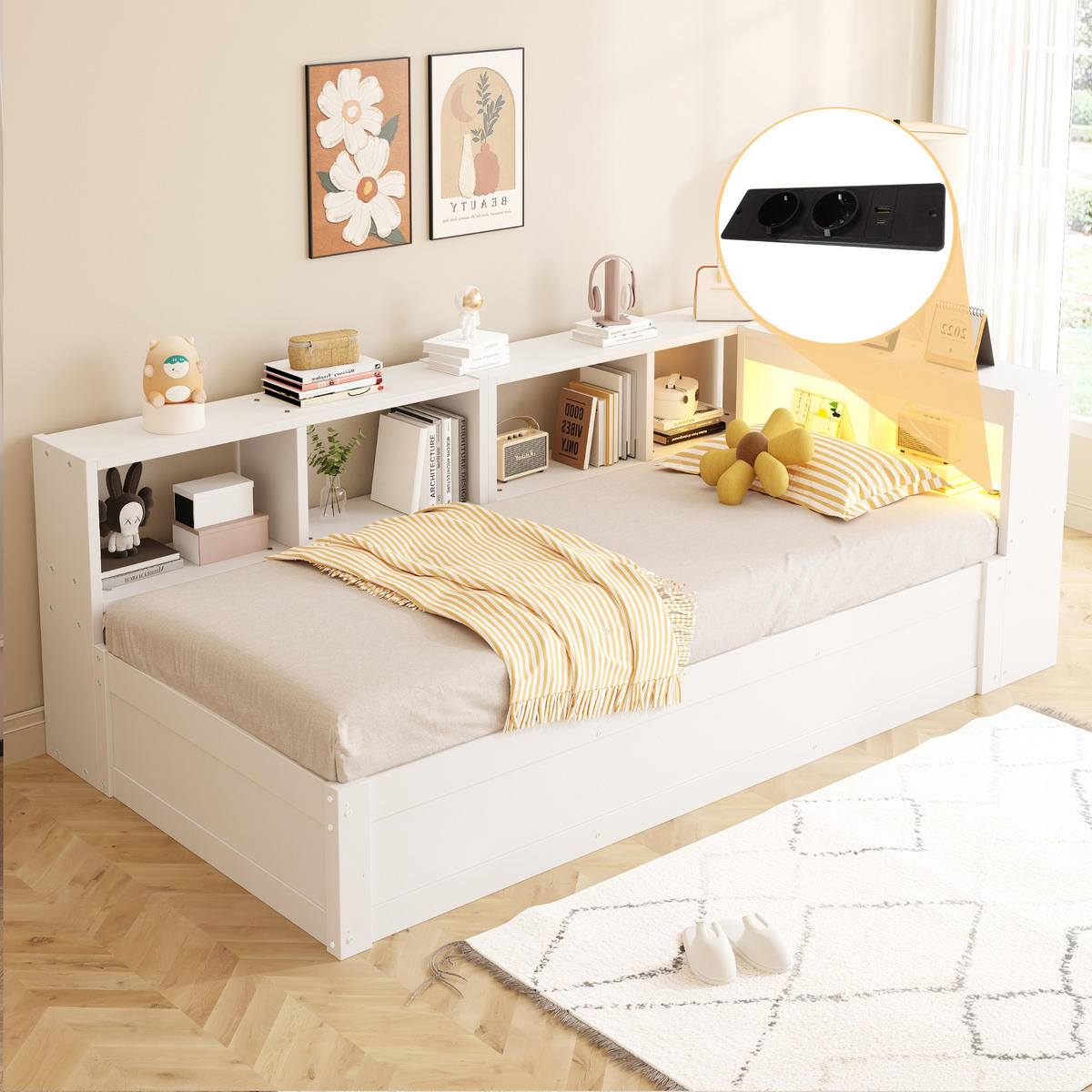 SCHLAFSOFA 90x200cm LED Stauraum Steckdose Massivholz Weiß - Weiß, Holzwerkstoff (90/200cm) - FLIEKS