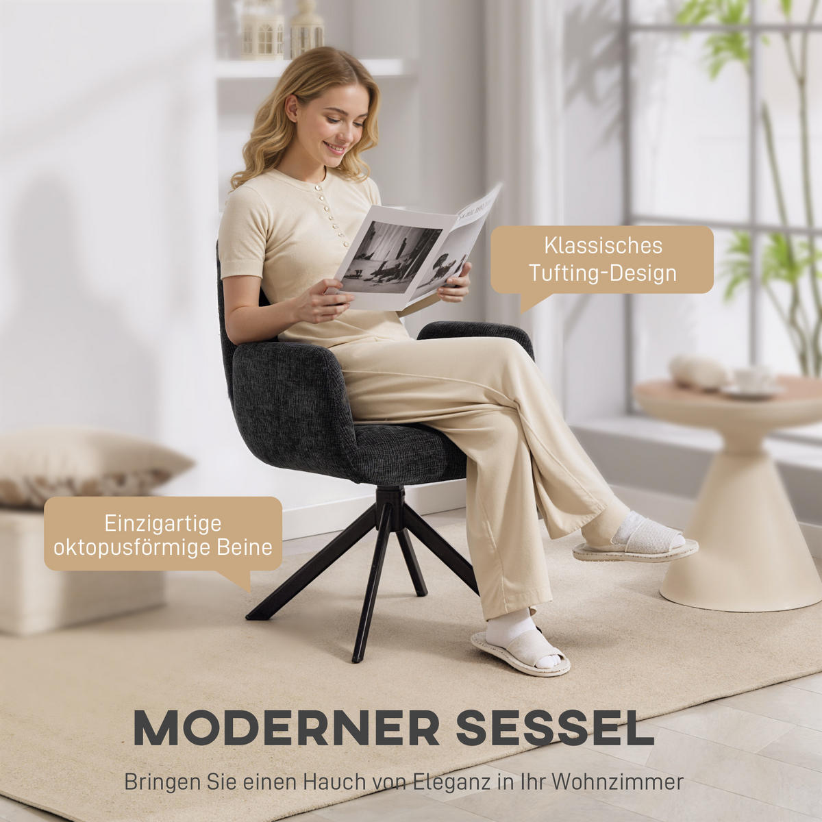 SESSEL Drehbar Loungesessel mit Armlehne Wolle-Leinenoptik Schwarz - Schwarz, Textil/Metall (61/88/60cm) - HOMCOM