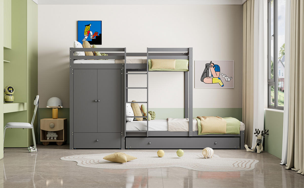 ETAGENBETT 90/200 cm in Grau mit Ausziehbett, Kleiderschrank, Schubladen und Ablage Massivholz Design - Grau, Holz (90/200cm) - STILVORA