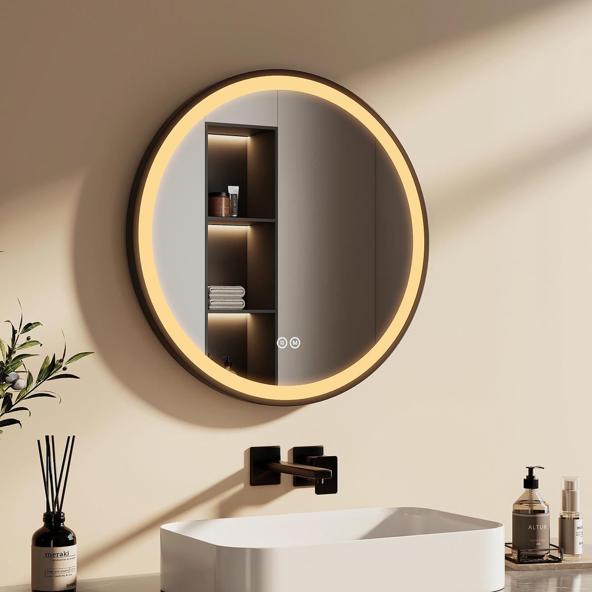 OGLINDA de baie cu LED-uri Ø 60 cm - negru, sticlă (60/60/3cm) - EMKE