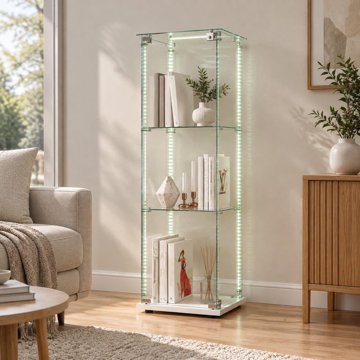 VITRINE mit RGB-Randbeleuchtung, 3-stufig, Weiß - Weiß, Glas (39.8/123.3/35cm) - Joyfair