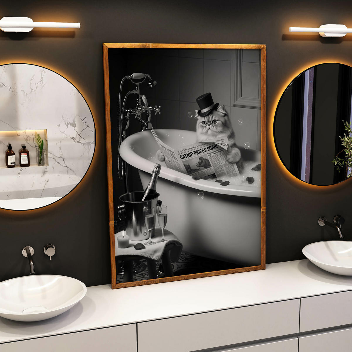 POSTER für Badezimmer WC KATZE in Badewanne Zeitung Abstraktion 20x30cm - Schwarz/Weiß, Papier (20/30/1cm) - Muralo