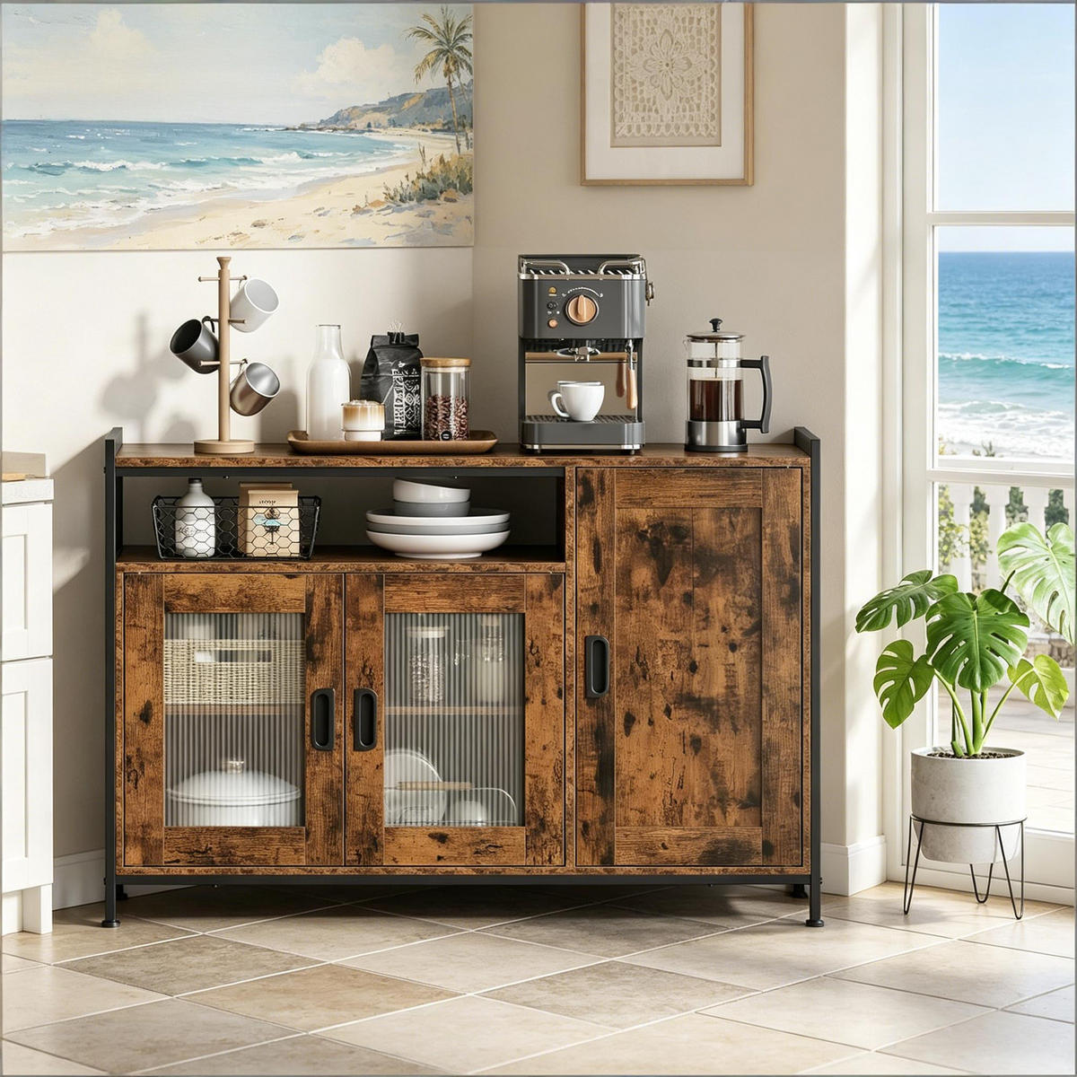 SIDEBOARD DE-38809 110/33/75 cm, offenes Fach und 2 Türen Rustikal Braun - Dunkelbraun, Holzwerkstoff (110/75/33cm) - ComfortXL