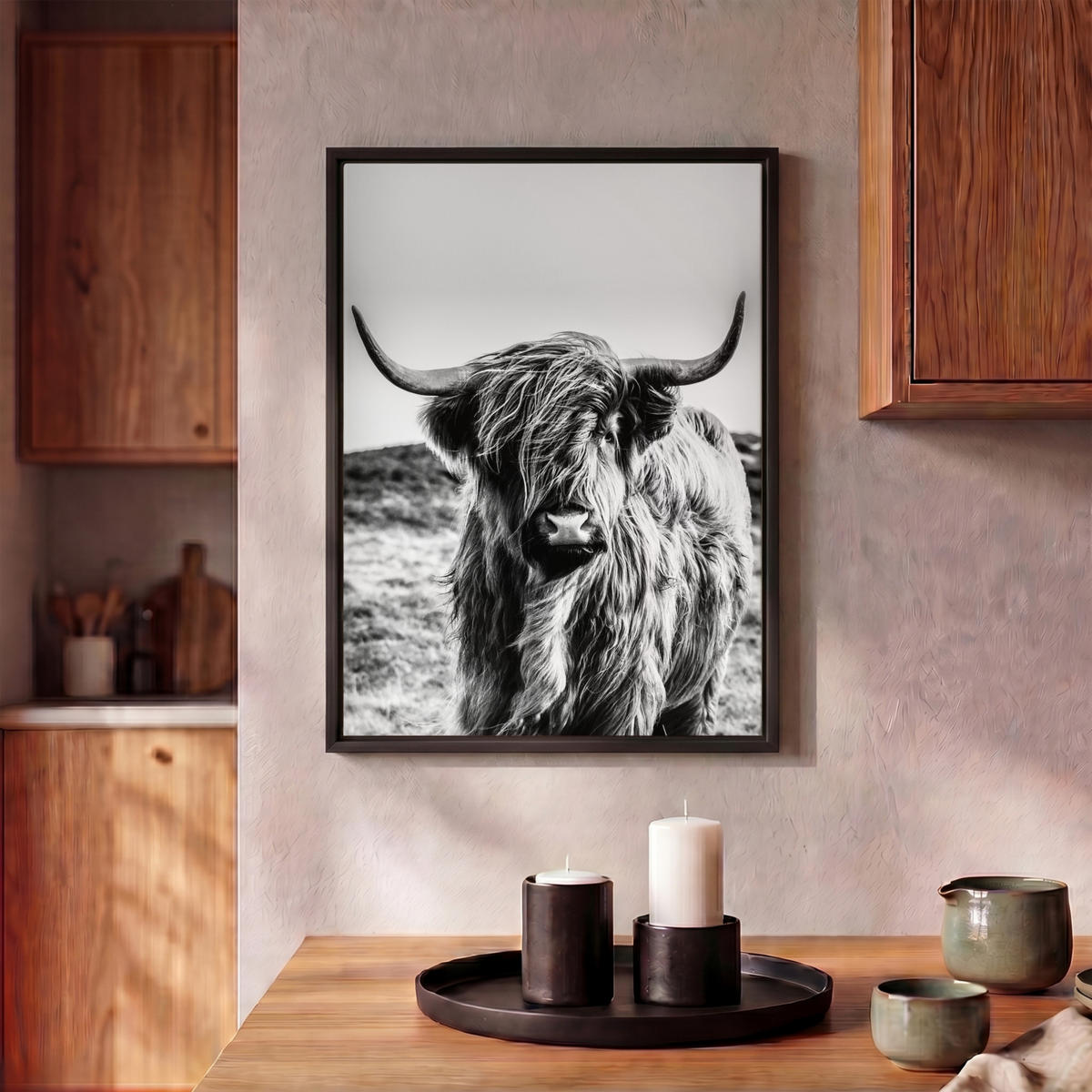 LEINWAND Bilder mit Rahmen - Kuh - Schottischer Hochländer - Schwarz - Weiß - Tier - Natur - Wildtiere - 30x40 - Schwarz, Textil (30/40cm) - MuchoWow