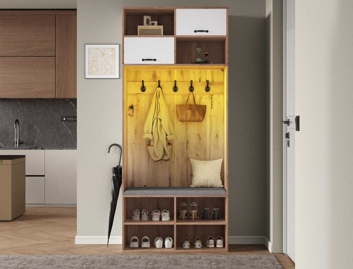 DIELENGARDEROBE mit Sitzbank, 5 Haken und Stauraum, Weiß/Natur, 80/35/185 cm - Naturfarben, Holzwerkstoff (80/185/35cm) - BEAOK