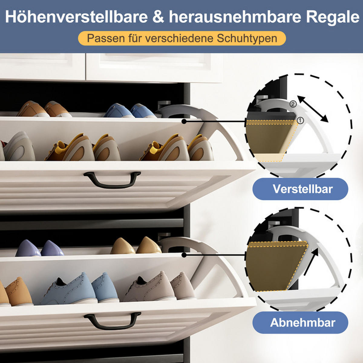 SCHUHSCHRANK drehbar mit 3 Klapptüren und 2 Schubladen 80x23,5x131 cm - Weiß, Holzwerkstoff (23.5/131/80cm) - Moorle