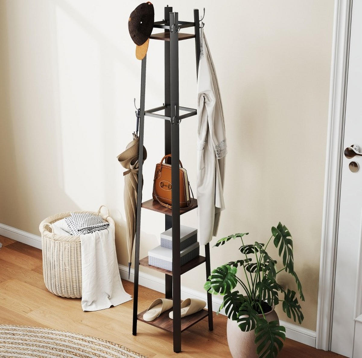 KLEIDERSTÄNDER 34,8/179/34,8 cm Braun aus Holz und Metall mit 8 Haken und 4 Ablagen - Braun, Holz (34.8/179/34.8cm) - OKMYHOME