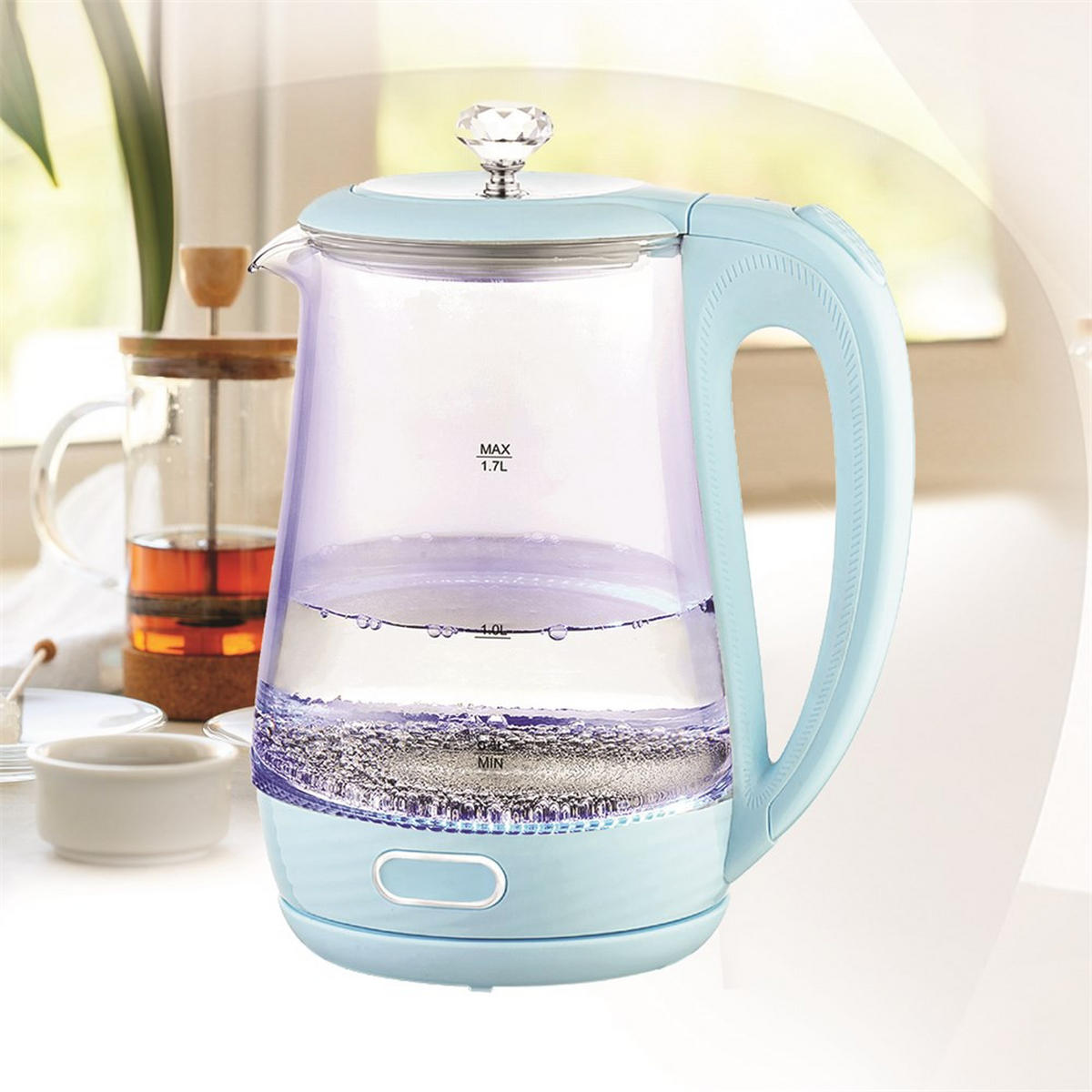 WASSERKOCHER ELEKTRISCH Hellblau 19.5/14/24 cm MR052BLUE - Hellblau, Glas (14/24/19.5cm) - Maestro 