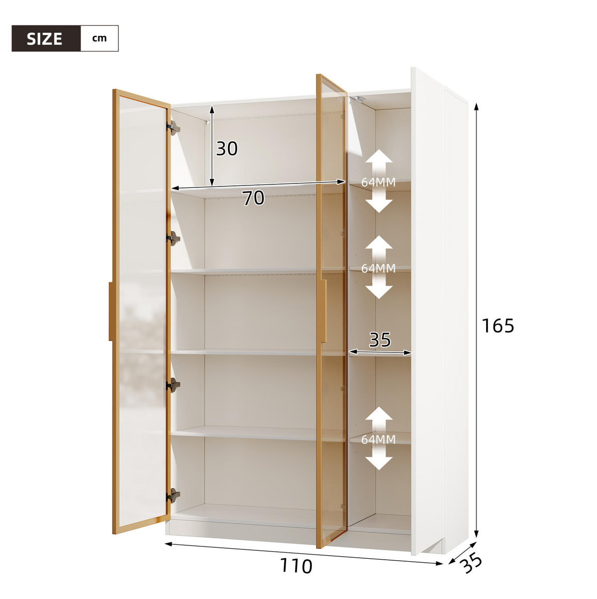VITRINENSCHRANK mit LED 110 x 35 x 165 cm MDF Weiß 3-türig - Weiß, Holzwerkstoff (35/165/110cm) - Beauniv
