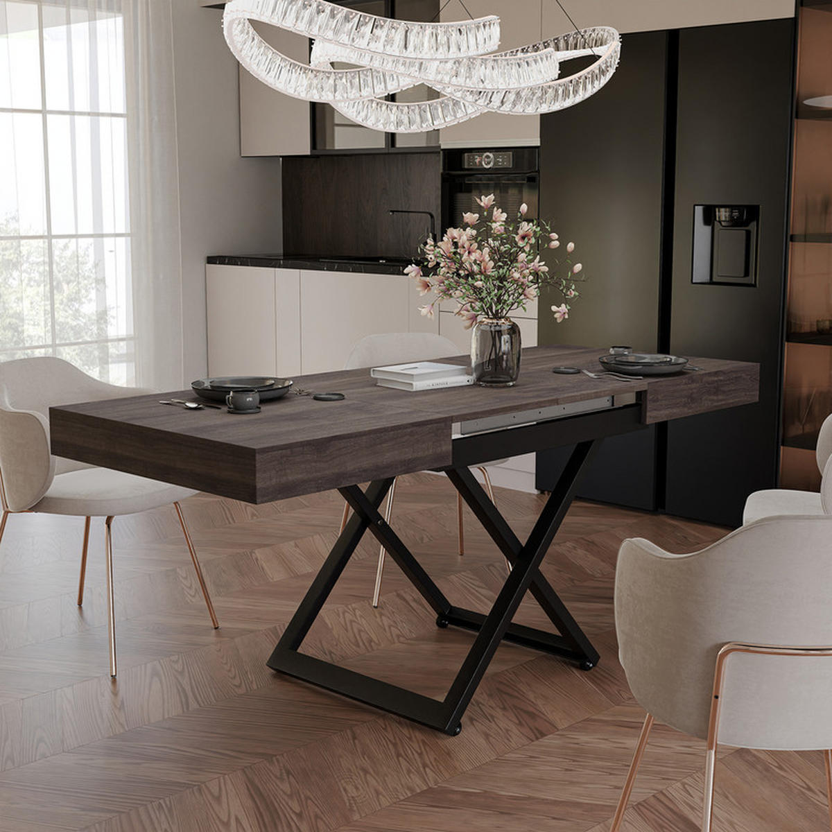 COUCHTISCH SANELLE ausziehbar mit Liftfunktion, 120/80/76 cm Schwarz / Sherman-Eiche - Eichefarben/Schwarz, Holzwerkstoff/Metall (120/80/27cm) - Idohome