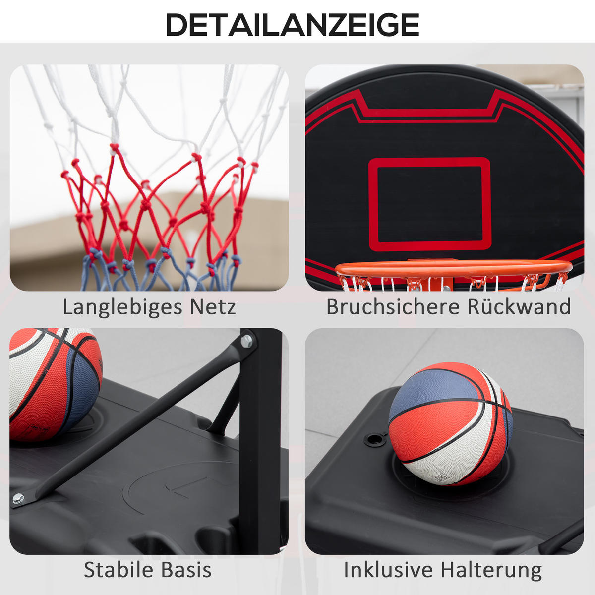 BASKETBALLKORB, Stahl, Schwarz, 73L x 49B x 250H cm - Schwarz, Metall (49/131cm) - HOMCOM