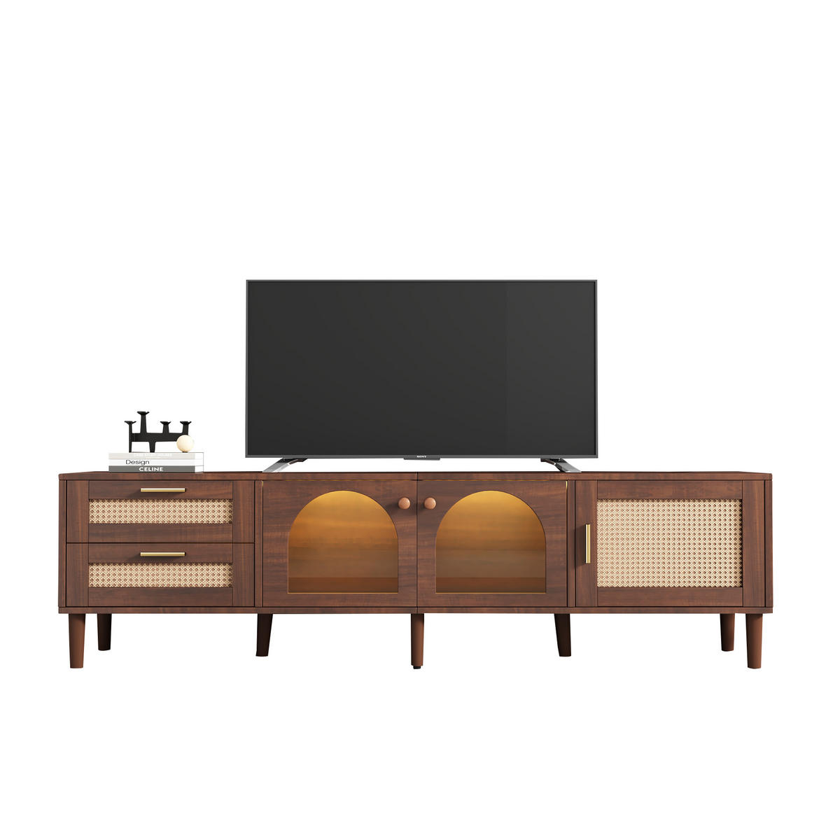 TV-SCHRANK in Braun mit LED, Rattan-Schubladen und Glastüren 180/40/50 cm - Braun, Holzwerkstoff (180/50/40cm) - Redom