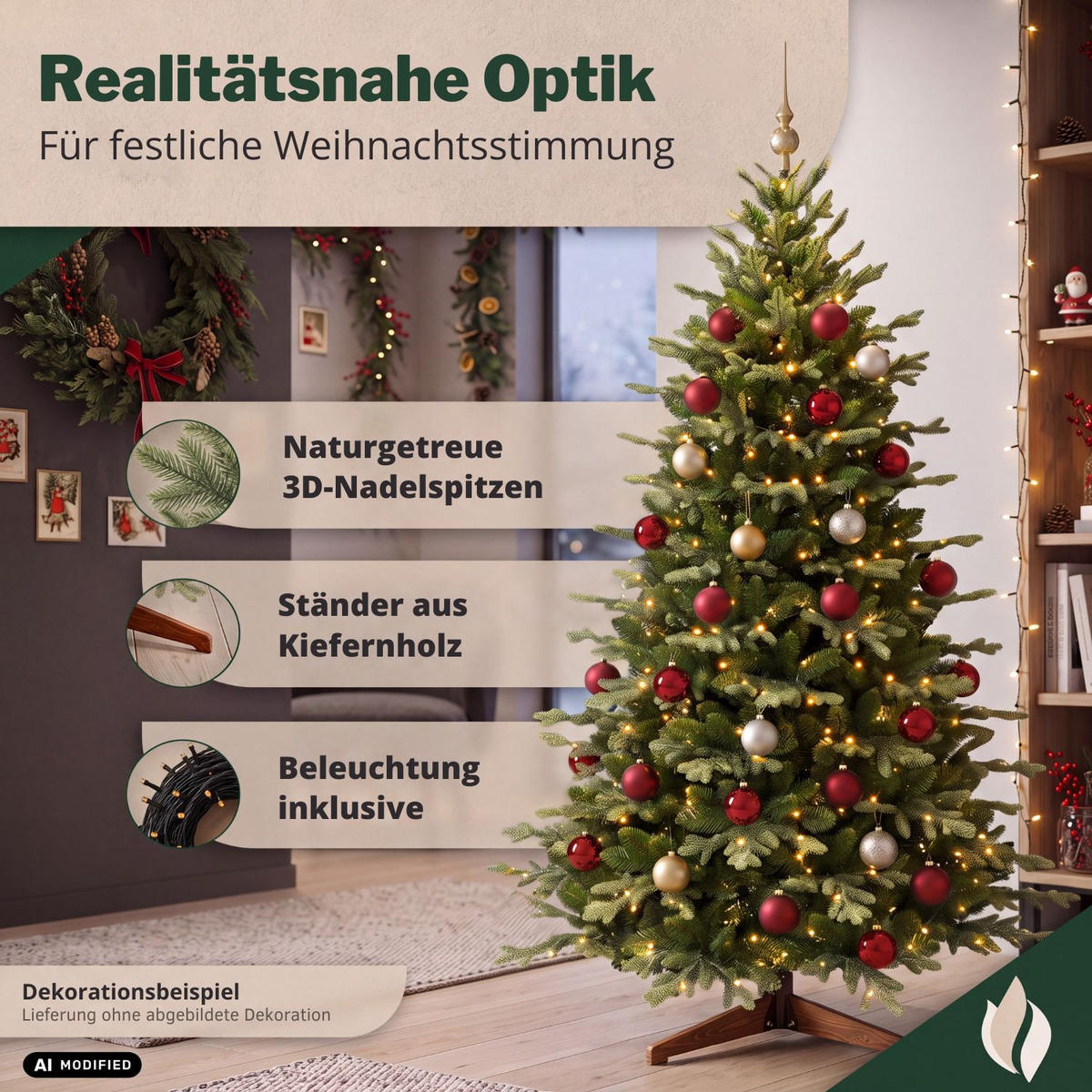 KÜNSTLICHER WEIHNACHTSBAUM OREGON mit Holzständer Höhe 150 cm - Grün, Kunststoff (125/210cm) - pink garten