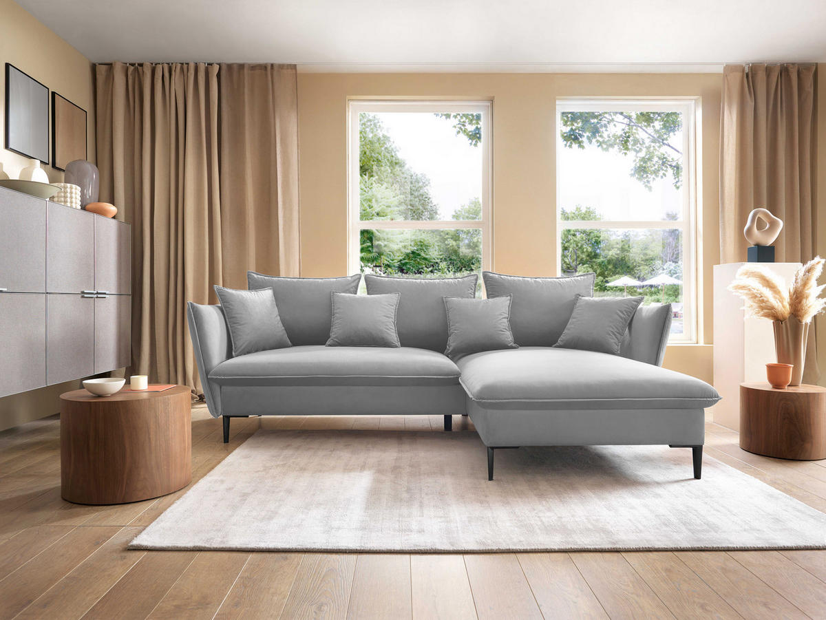 ECKSOFA GLOSS mit Schlaffunktion, Ottomane & goldenen Füßen – Samtsofa im GLOSSour-Stil mit Zierkissen, 258x167x91 cm, Rechte, GRAU - Blau, Holz/Textil (258/167cm) - DomoHome