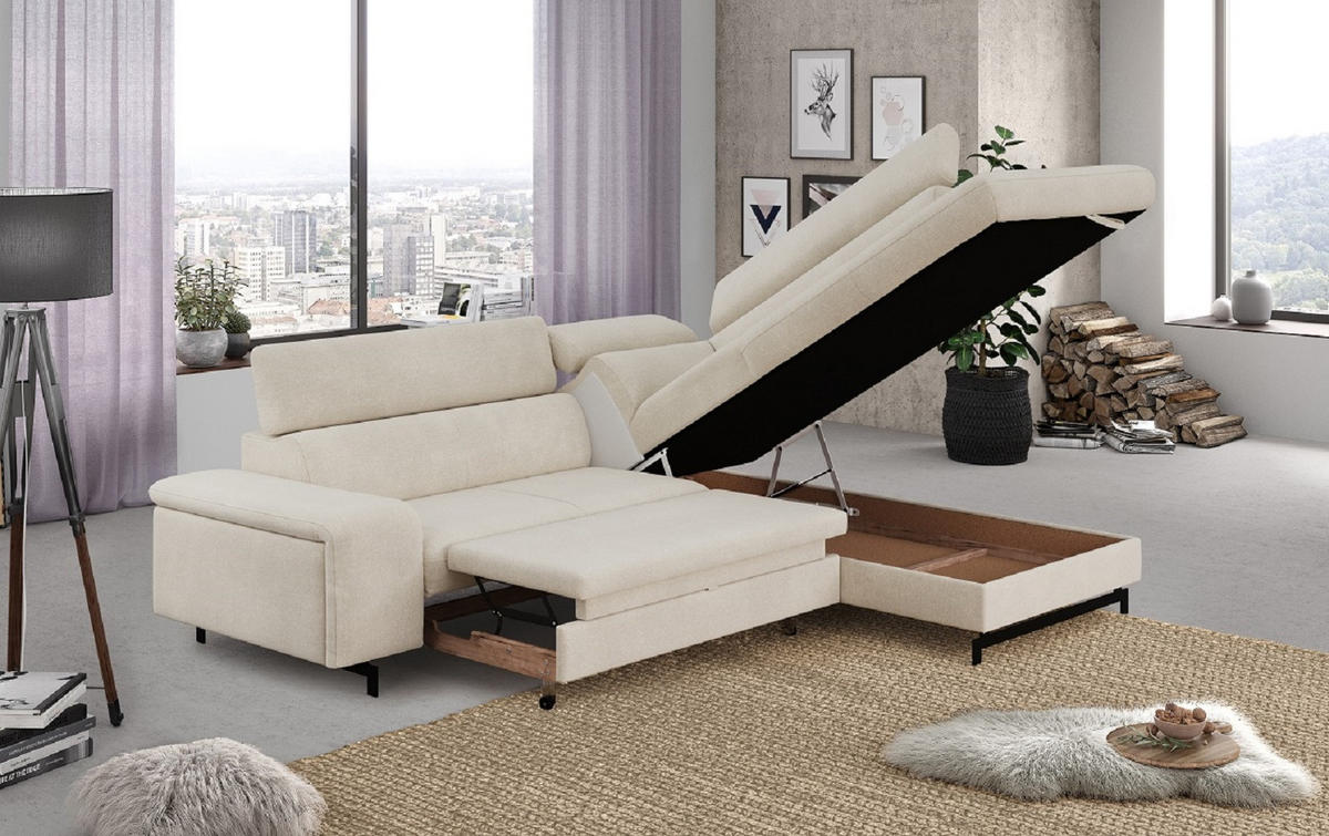 ECKSOFA mit Schlaffunktion und Bettkasten - Beige/Schwarz, Kunststoff/Textil (215/262cm) - Cotta