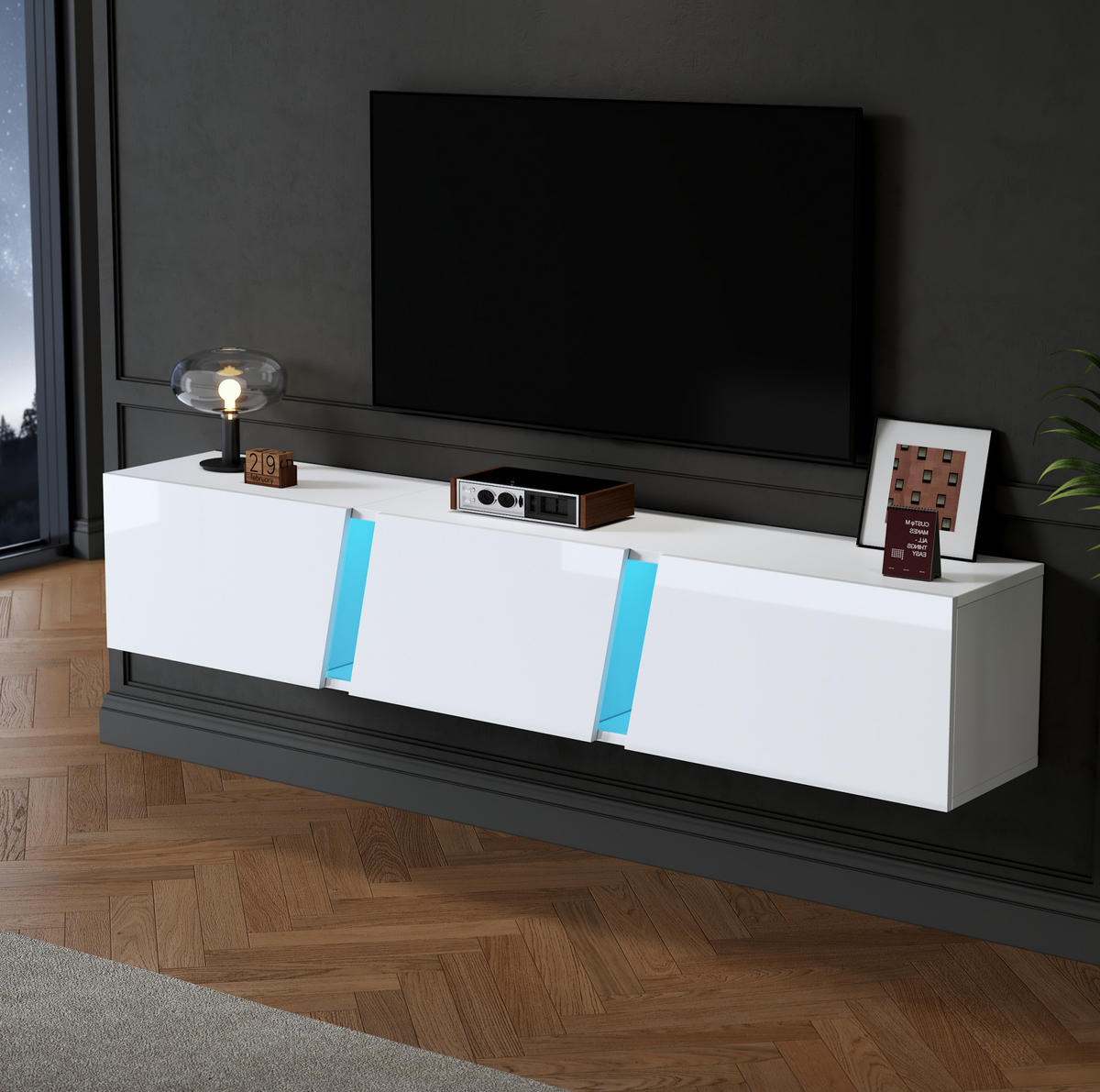 NÍZKÁ komoda, 180/35/30 cm, dřevotříska bílá, závěsný s LED osvětlením - bílá, kompozitní dřevo (180/30/35cm) - BEAOK