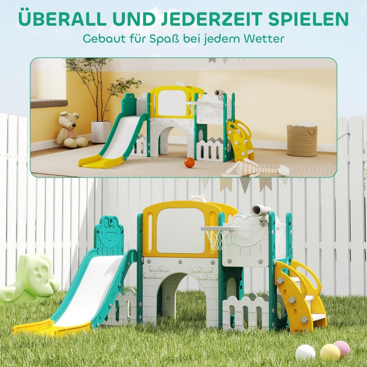 KINDERRUTSCHE 7-in-1 mit Schaukel und Basketballkorb Gelb/Grün - Gelb, Kunststoff (150/94/176cm) - Korfee