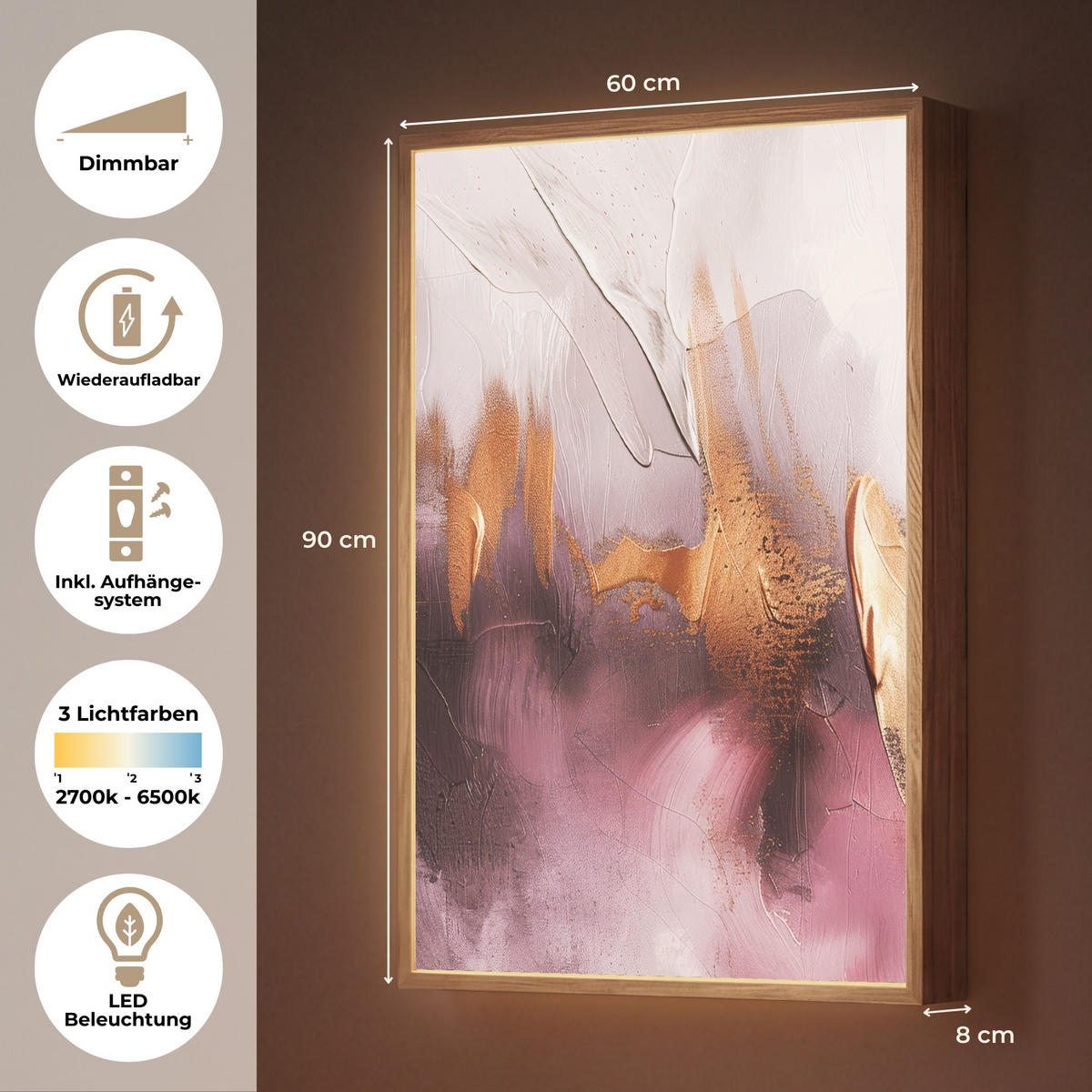 NÁSTĚNNÁ LAMPA S AKUMULÁTOREM Fialová - abstraktní - barva - zlatá 60x90 cm - světle fialová, kompozitní dřevo (60/90/8cm) - OnlyWow