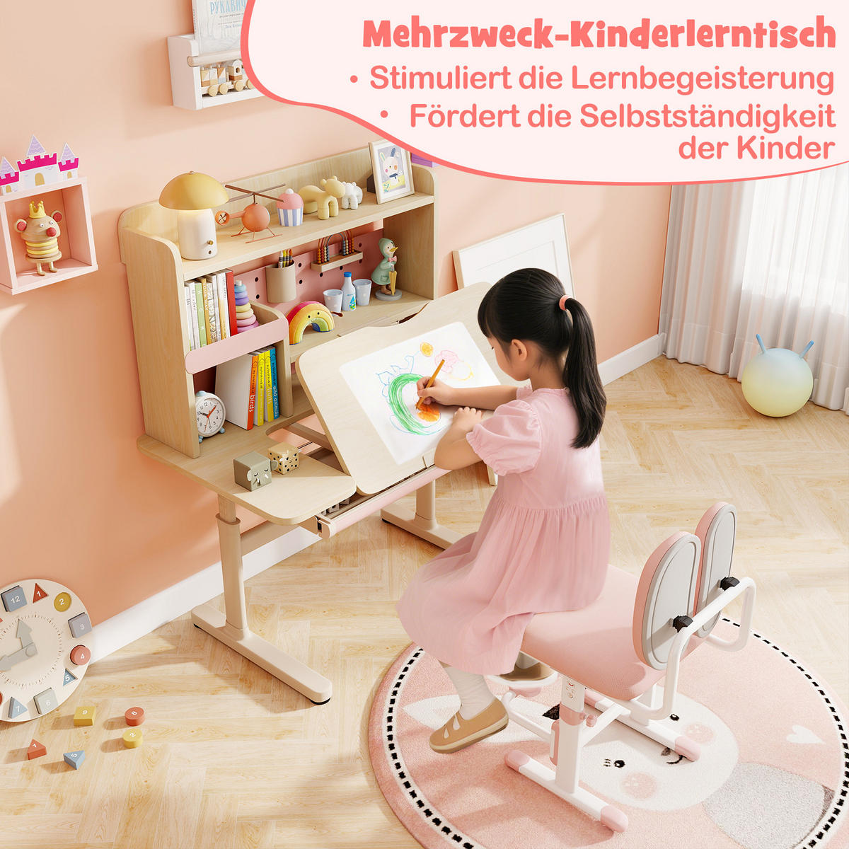 KINDERSCHREIBTISCH höhenverstellbar rosa - Pink, Metall (100/111/60cm) - COSTWAY